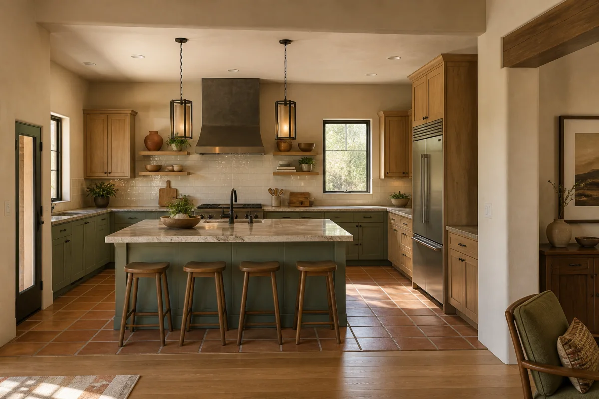Warm Southwest-style kitchen showing cabinets, counters, appliances, lighting and a floor transition as one coordinated room.