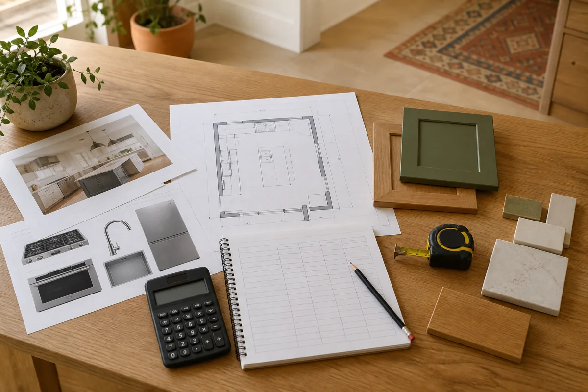 Kitchen plan, blank budget worksheet, calculator, cabinet samples and finish samples arranged on a wood table.