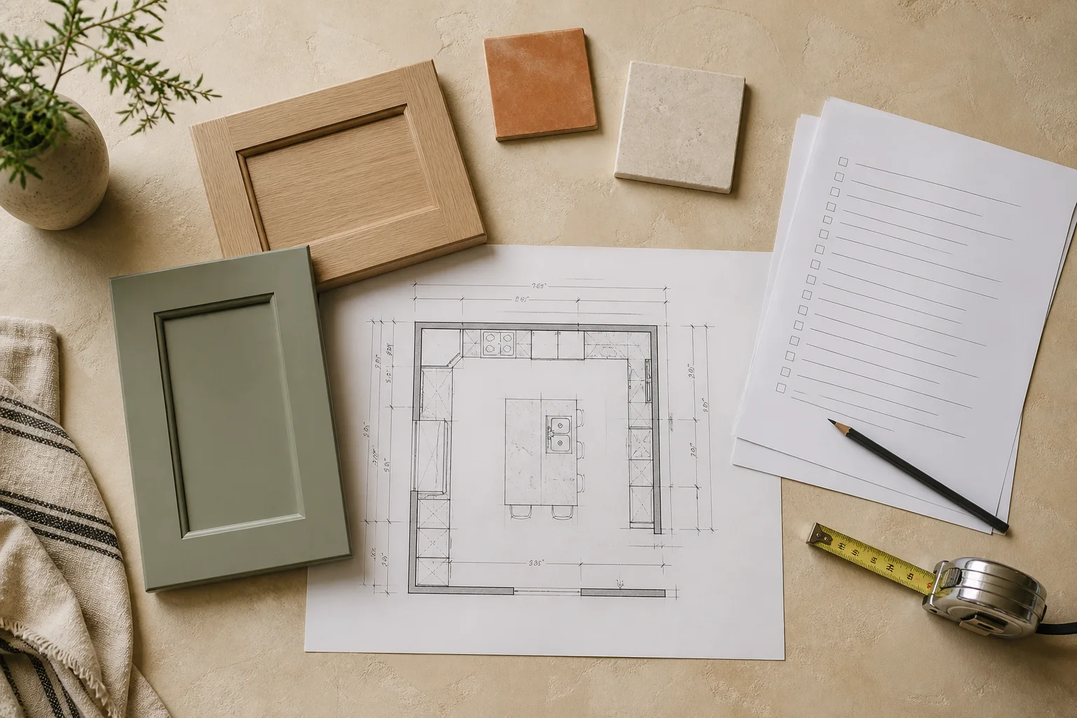 Editorial kitchen planning table with a measured plan, cabinet finish samples, tile, stone and an Albuquerque permit checklist